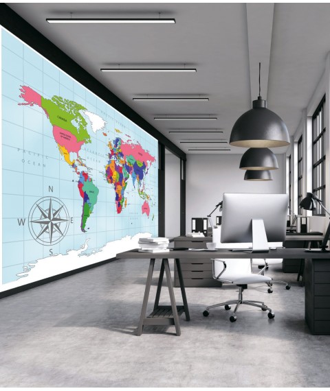 Wallpaper world map with 3D and relief in the office, study on the wall Dimense print 465 cm x 280 cm Shell