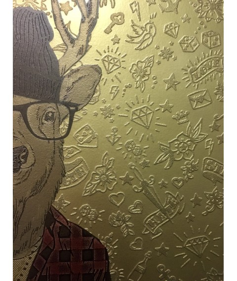Интерьерная картина Gold на холсте панно дизайнерское Лось Олень ELK Три друга 70 см х 90 см