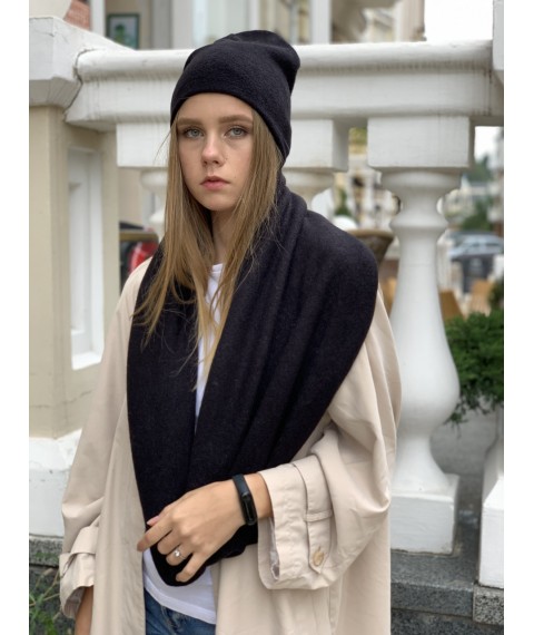 Snood collar women's warm winter woolen scarf black