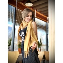 Women's demi-season long natural scarf with fringe yellow
