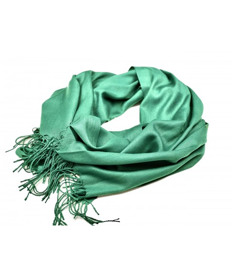 Women's demi-season long natural scarf with fringe green