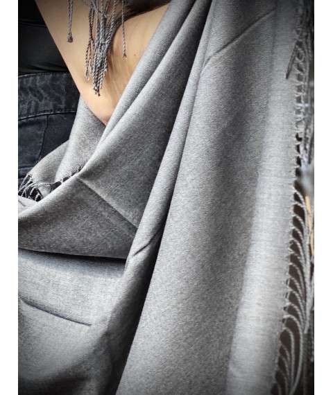 Women's demi-season long natural scarf with fringe dark gray