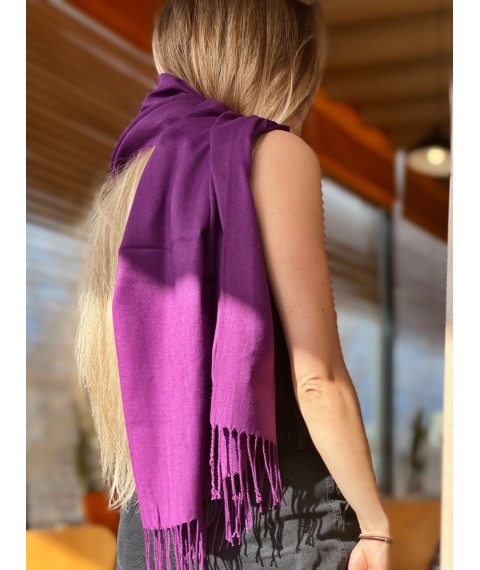 Women's demi-season long natural scarf with fringe violet