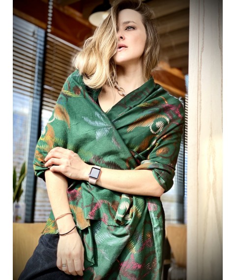 Scarf stole for women demi-season natural with print abstraction green
