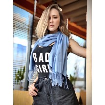 Women's demi-season long natural scarf with fringe blue