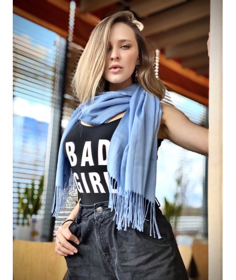 Women's demi-season long natural scarf with fringe blue