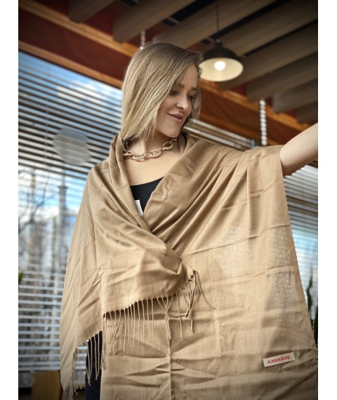 Scarf female demi-season long natural with fringe brown