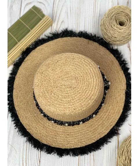 Шляпа соломенная женская с жемчужинами со средним  полем стильная натуральная