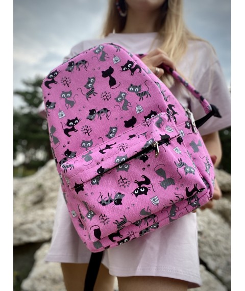 Рюкзак непромокаемый  городской женский среднего размера с котиками розовый