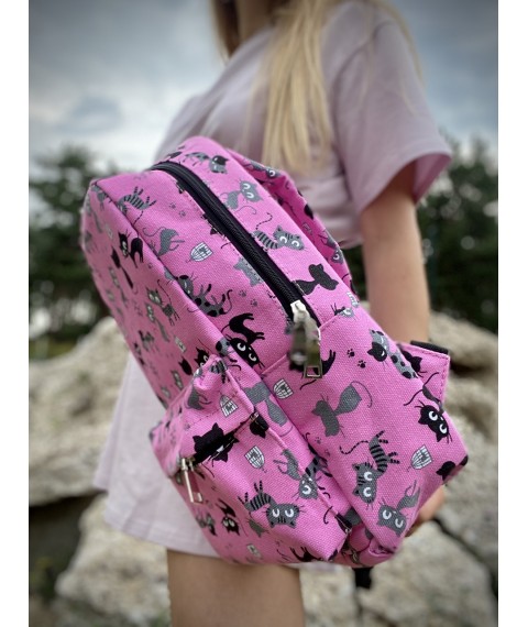 Backpack waterproof urban women's medium size with cats pink