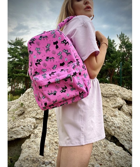 Backpack waterproof urban women's medium size with cats pink