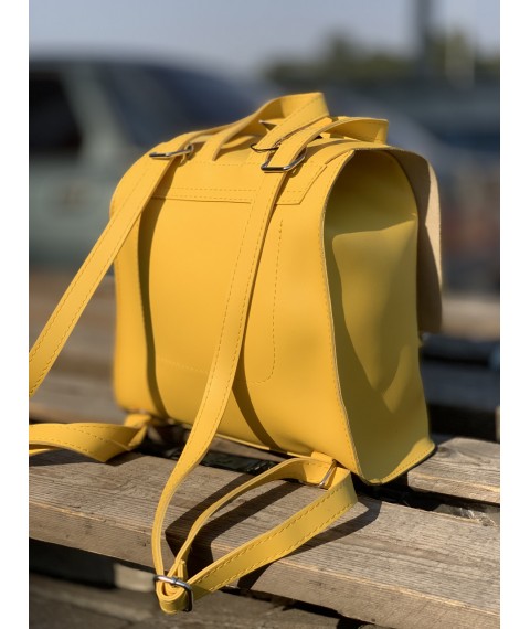Bag backpack mini female on buttons with a flap made of eco-leather urban yellow