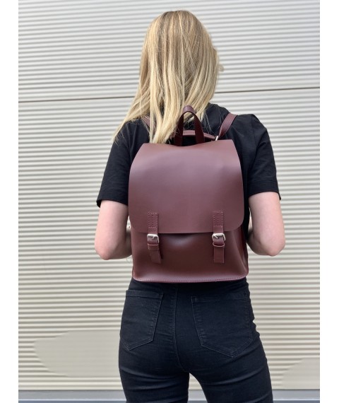 Bag backpack mini female on buttons with a flap made of eco-leather urban burgundy