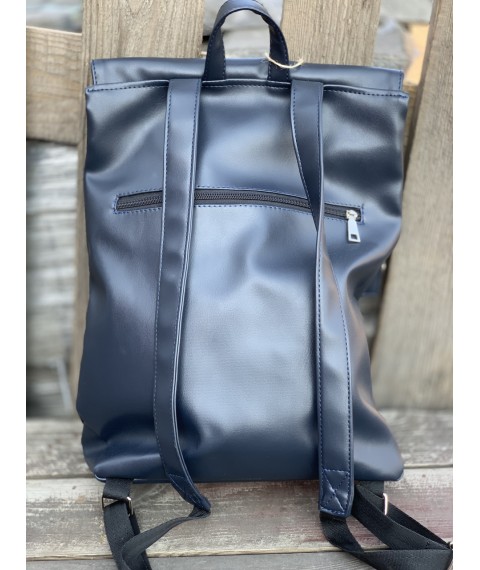 Women's backpack with a flap large city waterproof made of eco-leather blue