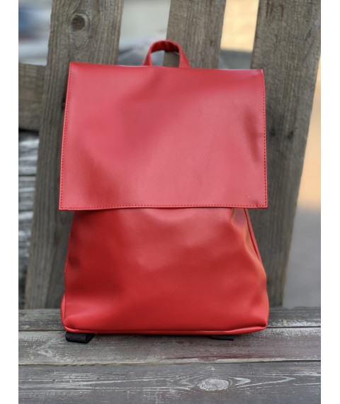 Women's backpack with a valve large waterproof eco-leather red