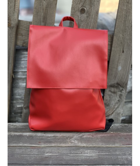 Women's backpack with a valve large waterproof eco-leather red