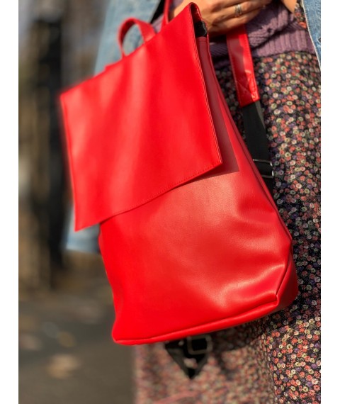 Рюкзак жіночий з клапаном великий міський непромокаємий з екокожі червоний