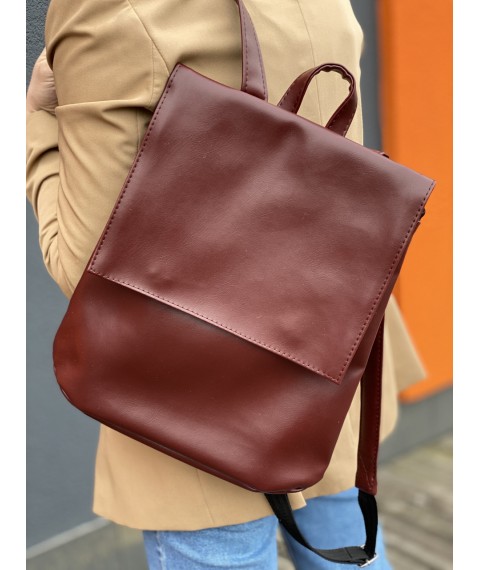 Women's flat urban backpack made of eco-leather burgundy