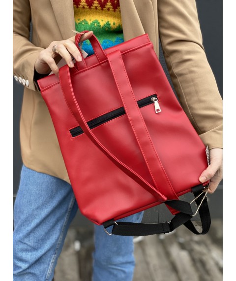 Рюкзак женский с клапаном городской средний непромокаемый из экокожи красный
