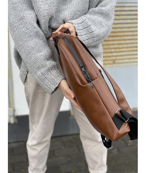 Рюкзак женский городской для ноутбука средний непромокаемый из экокожи коричневый