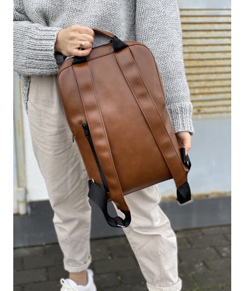Рюкзак женский городской для ноутбука средний непромокаемый из экокожи коричневый