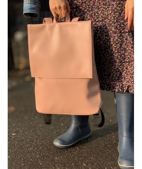 Рюкзак жіночий з клапаном великий міський непромокаємий з екокожі пудровий