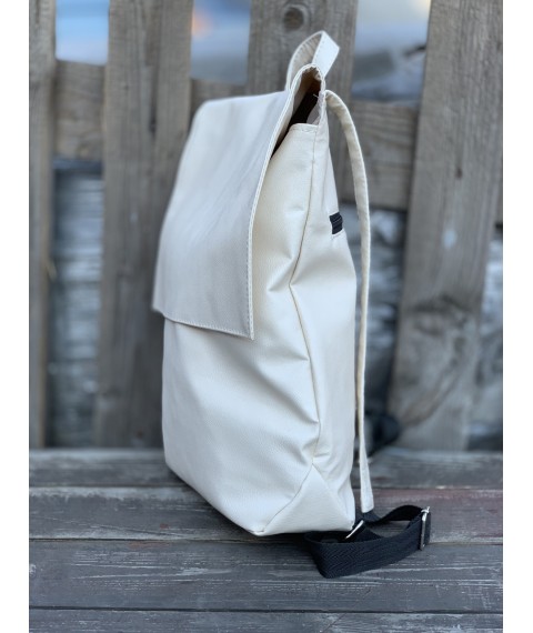 Women's backpack with a valve large waterproof eco-leather beige