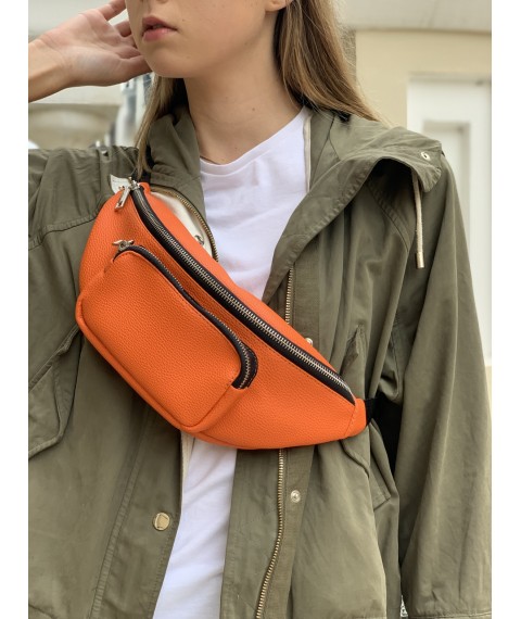 Поясная сумка женская оранжевая с накладным карманом из экокожи
