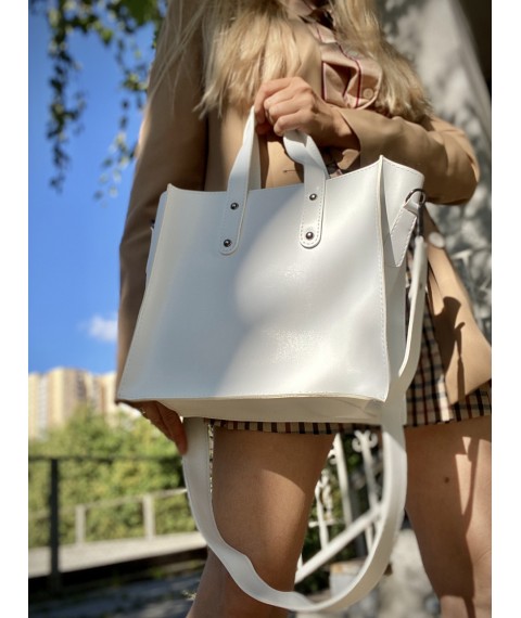 Women's big shopper bag with a zipper stylish from eco-leather white