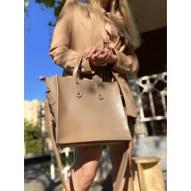Women's big shopper bag with a zipper stylish from eco-leather dark beige