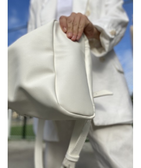 Backpack female urban medium with a flap with a tightening on the button lightweight soft eco leather white