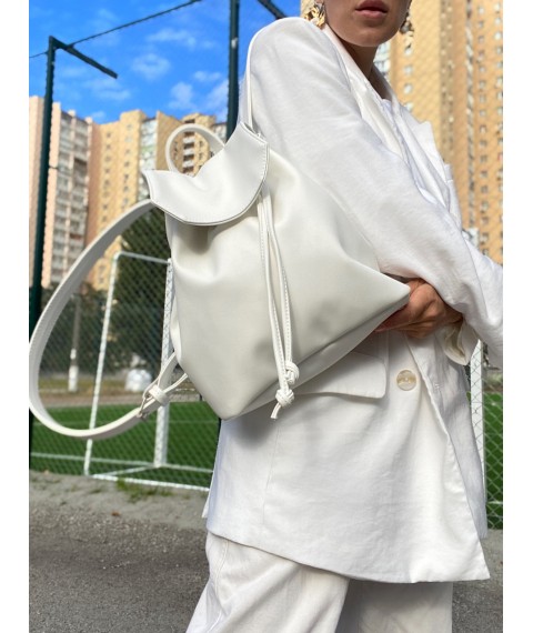 Backpack female urban medium with a flap with a tightening on the button lightweight soft eco leather white