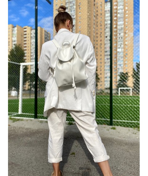 Backpack female urban medium with a flap with a tightening on the button lightweight soft eco leather white