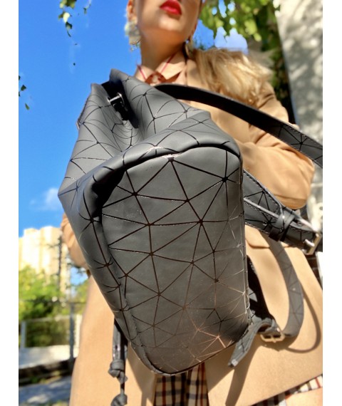 Backpack female urban medium with a flap with a tightening on the button lightweight soft eco-leather black rhombuses