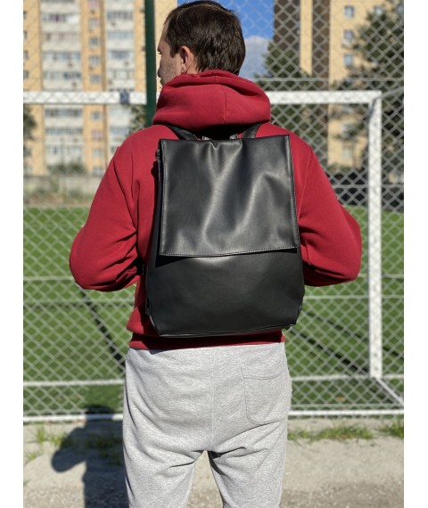 Backpack for men with a flap large city waterproof made of eco-leather black