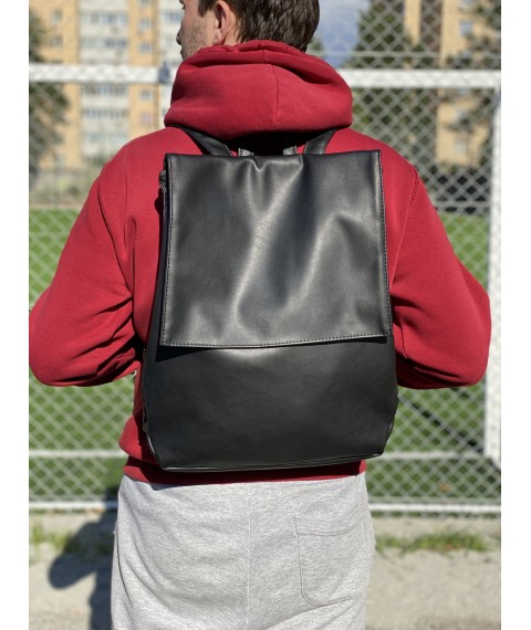 Backpack for men with a flap large city waterproof made of eco-leather black