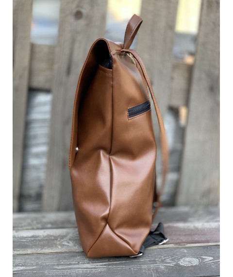 Backpack for men with a flap large city waterproof made of eco-leather brown