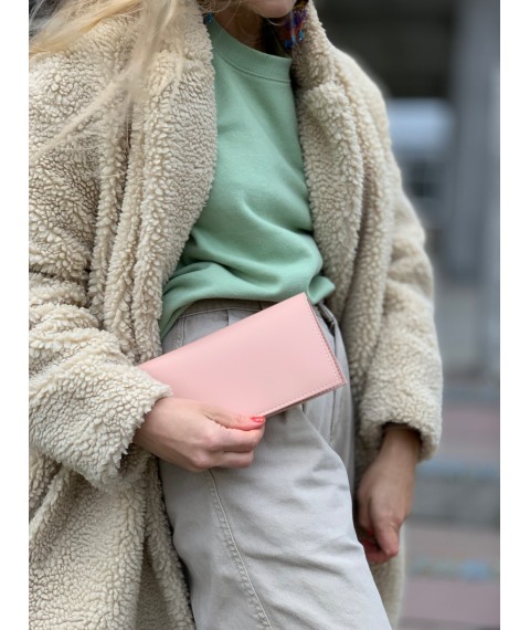 Гаманець жіночий модний з екокожі середній брендовий без логотипу пудровий рожевий