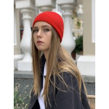 Fashionable knitted women's hat with a turn-up thin woolen red