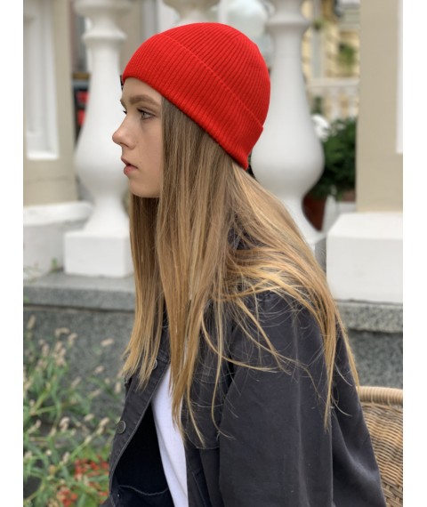 Fashionable knitted women's hat with a turn-up thin woolen red
