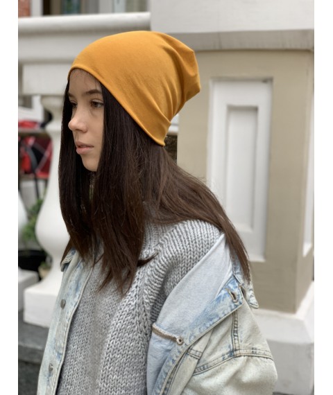 Women's demi-season knitted hat fashionable double thin cotton yellow