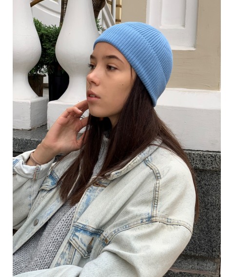 Fashionable knitted women's hat with a turn-up thin woolen blue