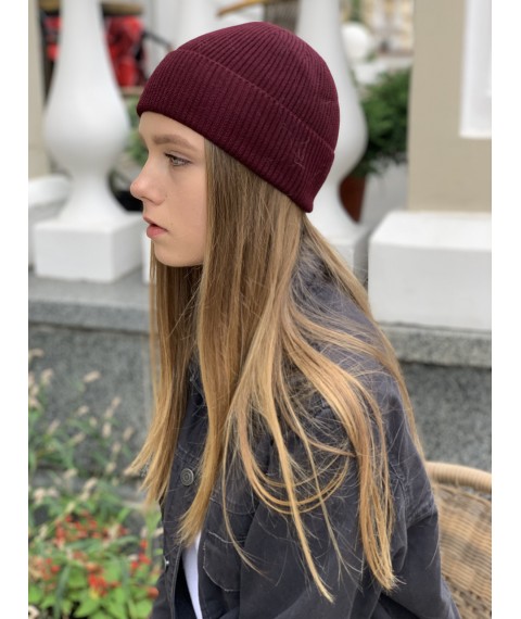 Cap female knitted fashionable with a turn-up thin woolen burgundy