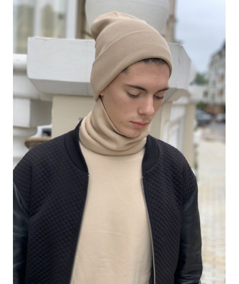 Women's knitted winter beanie hat with collar light beige