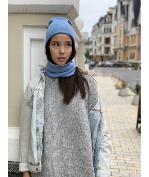 Women's knitted winter beanie hat with a turn-up blue