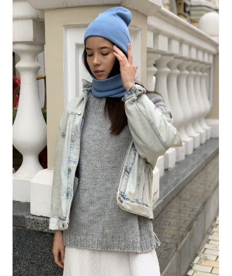 Women's knitted winter beanie hat with a turn-up blue