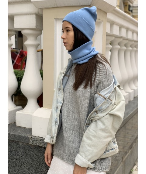 Women's knitted winter beanie hat with a turn-up blue