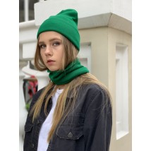 Knitted winter beanie hat for women with collar green