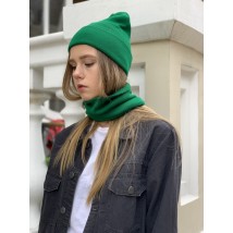 Knitted winter beanie hat for women with collar green