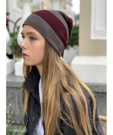 Two-color women's hat knitted urban burgundy